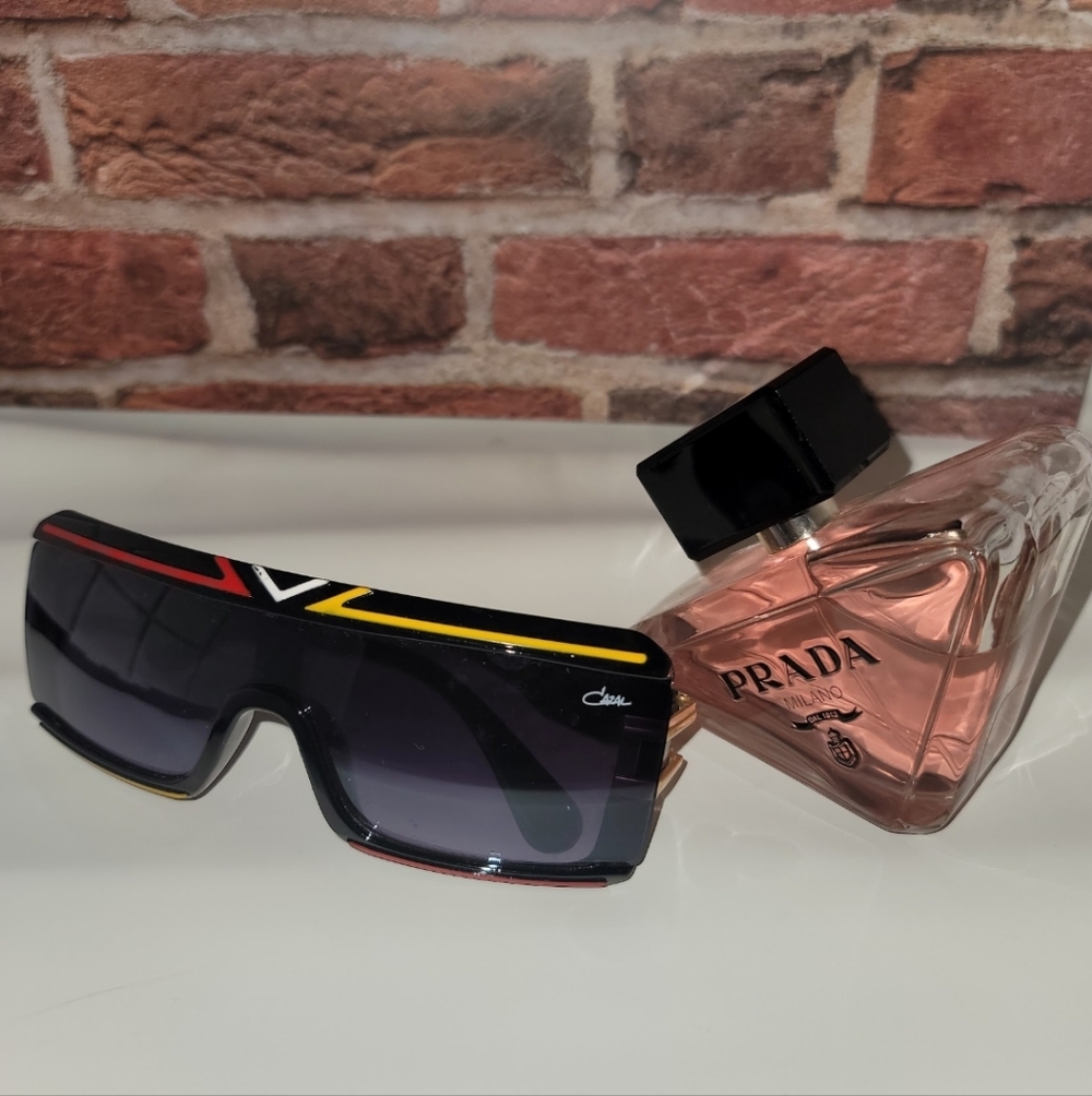Cazal Black Shield Sunglasses with Red and Yellow Accents 🔥